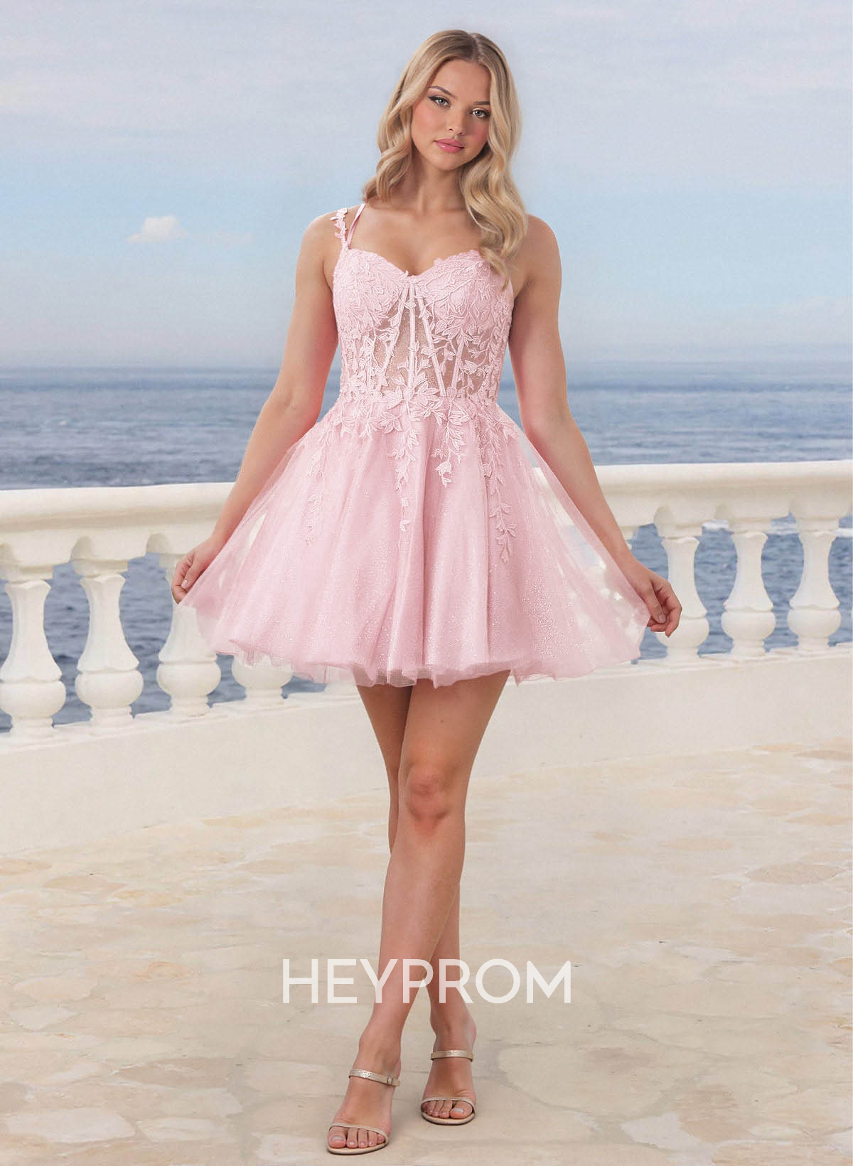 Shine Lace V-Neck Spaghetti Straps Corset A-Line Short/Mini Satin/Tulle Homecoming Dresses