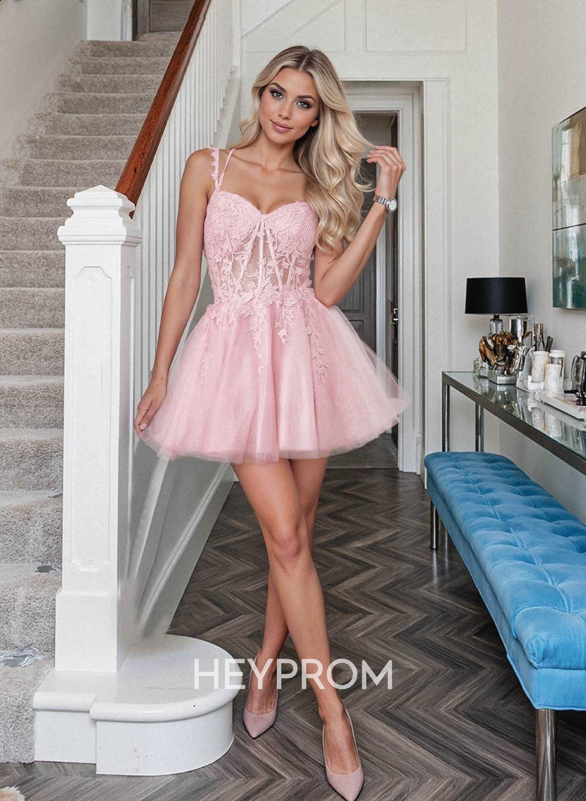 Shine Lace V-Neck Spaghetti Straps Corset A-Line Short/Mini Satin/Tulle Homecoming Dresses
