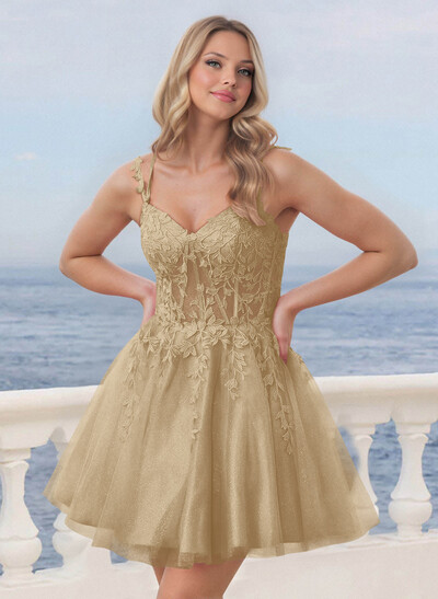 Shine Lace V-Neck Spaghetti Straps Corset A-Line Short/Mini Satin/Tulle Homecoming Dresses