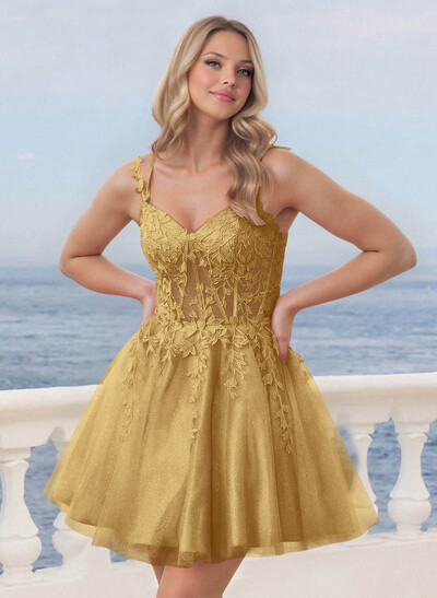 Shine Lace V-Neck Spaghetti Straps Corset A-Line Short/Mini Satin/Tulle Homecoming Dresses