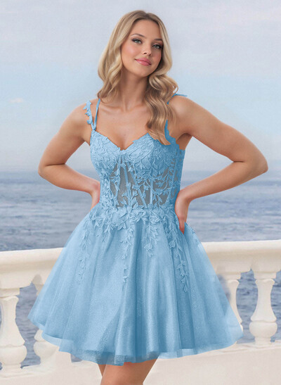 Shine Lace V-Neck Spaghetti Straps Corset A-Line Short/Mini Satin/Tulle Homecoming Dresses