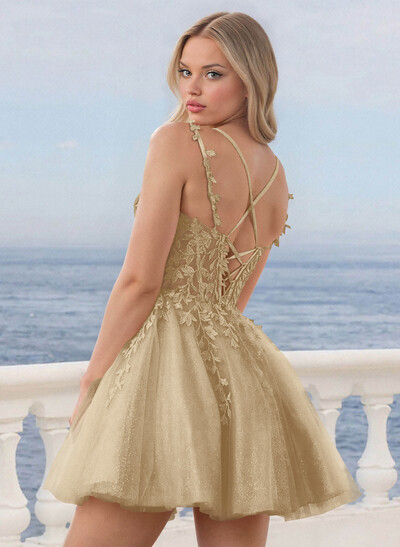 Shine Lace V-Neck Spaghetti Straps Corset A-Line Short/Mini Satin/Tulle Homecoming Dresses