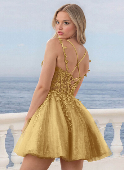 Shine Lace V-Neck Spaghetti Straps Corset A-Line Short/Mini Satin/Tulle Homecoming Dresses