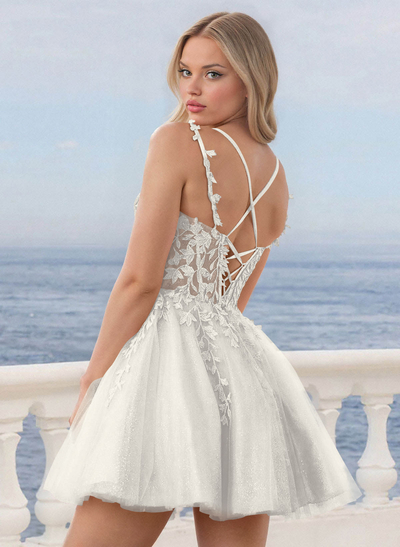 Shine Lace V-Neck Spaghetti Straps Corset A-Line Short/Mini Satin/Tulle Homecoming Dresses