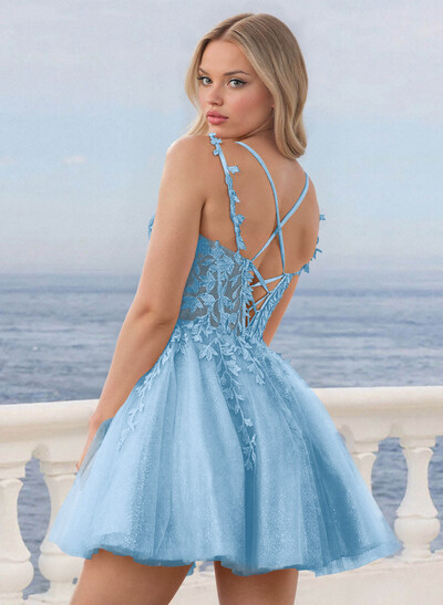 Shine Lace V-Neck Spaghetti Straps Corset A-Line Short/Mini Satin/Tulle Homecoming Dresses