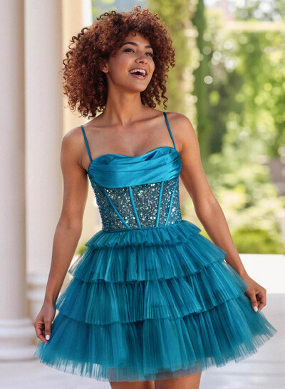 Sparkle & Shine Satin Cowl Neck A-Line Tiered Tulle Short/Mini Sequined Homecoming Dresses