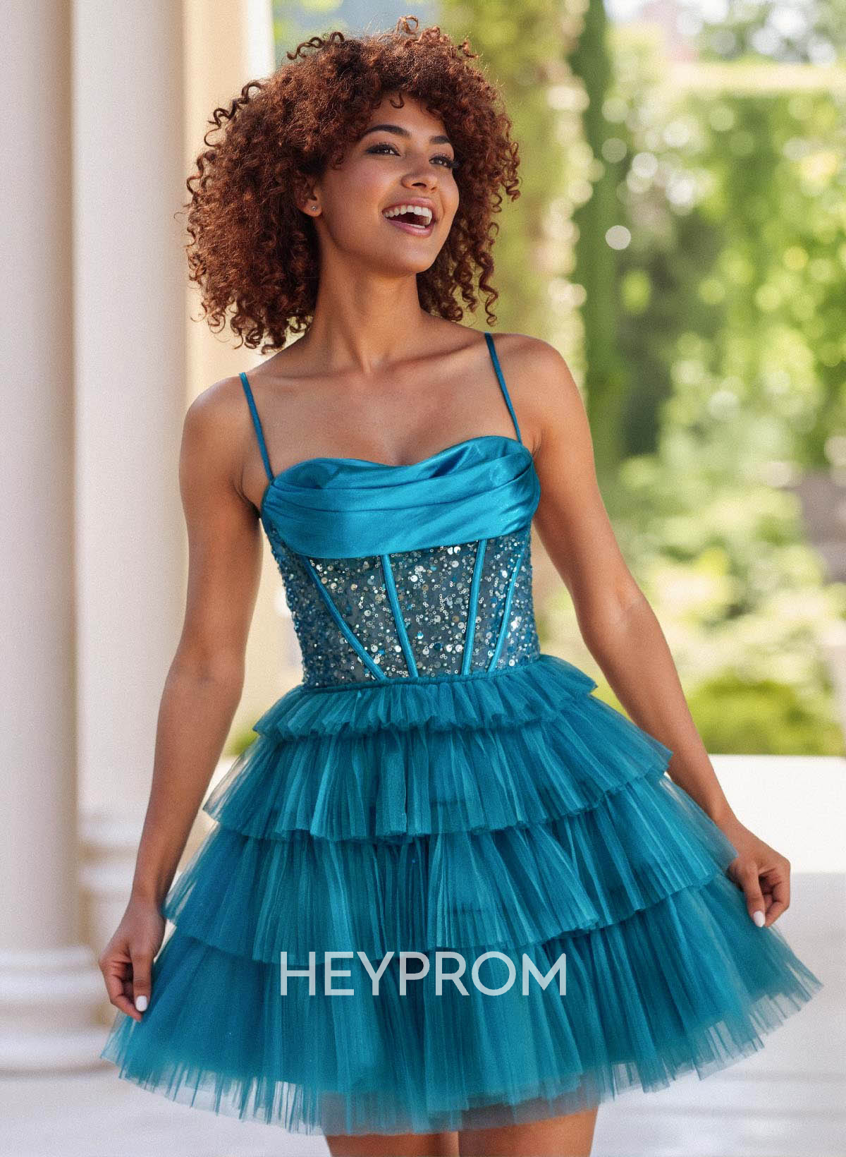 Sparkle & Shine Satin Cowl Neck A-Line Tiered Tulle Short/Mini Sequined Homecoming Dresses