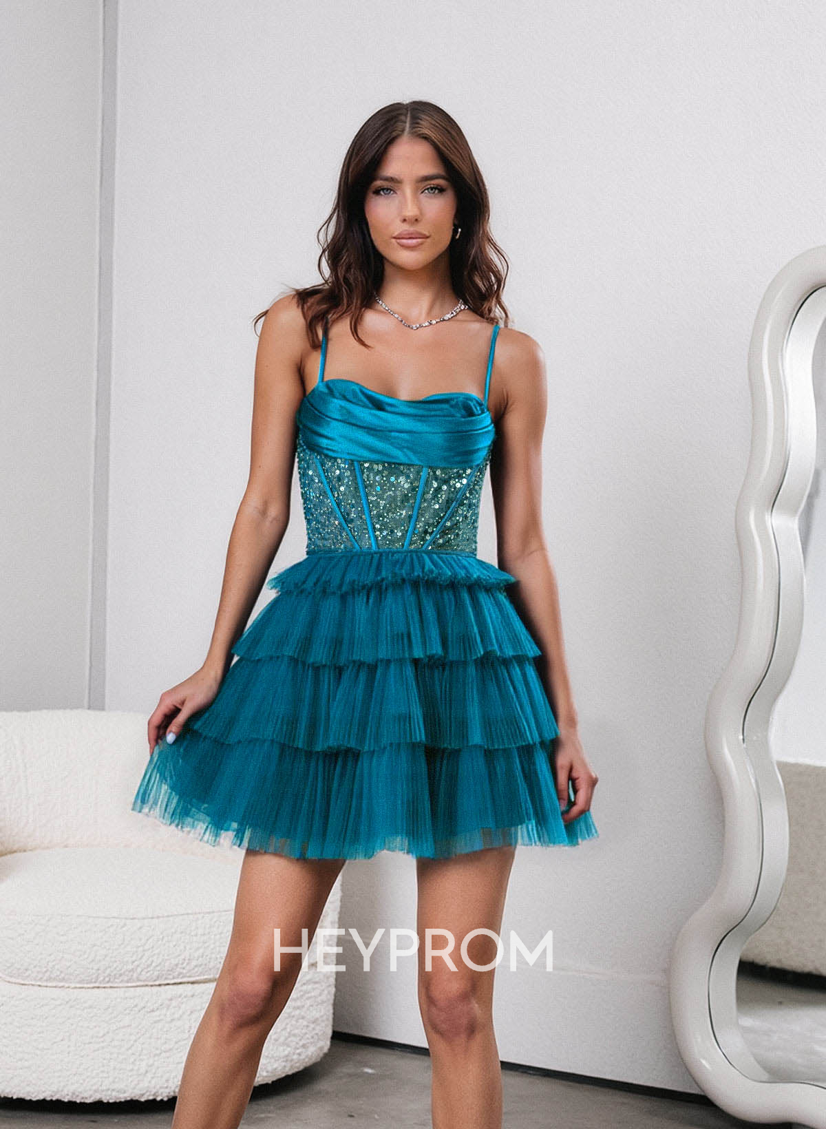 Sparkle & Shine Satin Cowl Neck A-Line Tiered Tulle Short/Mini Sequined Homecoming Dresses
