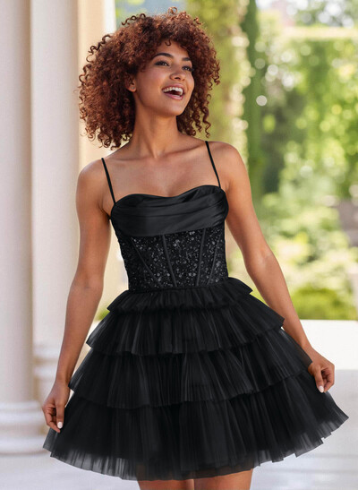 Sparkle & Shine Satin Cowl Neck A-Line Tiered Tulle Short/Mini Sequined Homecoming Dresses