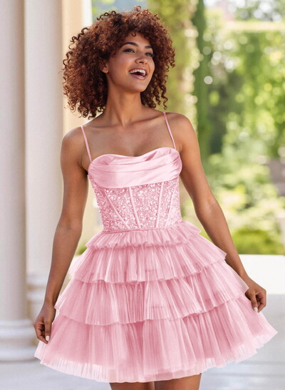 Sparkle & Shine Satin Cowl Neck A-Line Tiered Tulle Short/Mini Sequined Homecoming Dresses