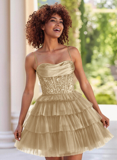 Sparkle & Shine Satin Cowl Neck A-Line Tiered Tulle Short/Mini Sequined Homecoming Dresses