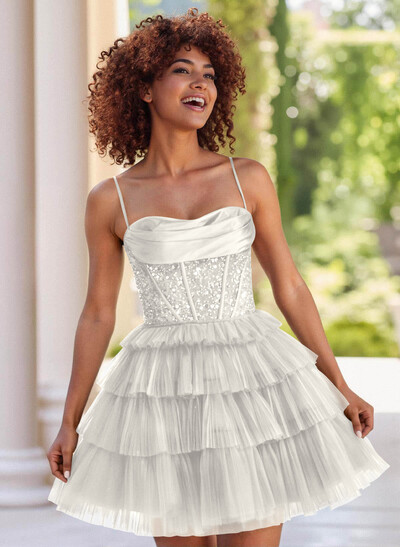 Sparkle & Shine Satin Cowl Neck A-Line Tiered Tulle Short/Mini Sequined Homecoming Dresses