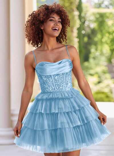 Sparkle & Shine Satin Cowl Neck A-Line Tiered Tulle Short/Mini Sequined Homecoming Dresses