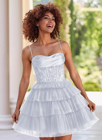 Sparkle & Shine Satin Cowl Neck A-Line Tiered Tulle Short/Mini Sequined Homecoming Dresses