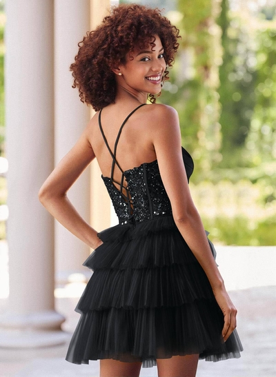 Sparkle & Shine Satin Cowl Neck A-Line Tiered Tulle Short/Mini Sequined Homecoming Dresses