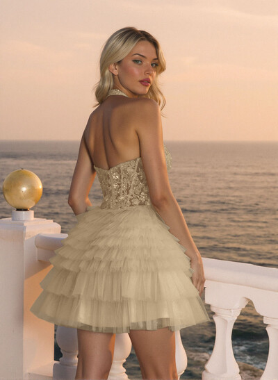 Lace Sequins Halter/Plunge Neck Tiered Tulle A-Line Short/Mini Homecoming Dresses
