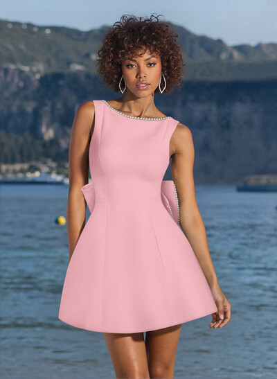 Elegant Beading Scoop Neck A-Line Short/Mini Elastic Satin Homecoming Dresses With Bow(s)