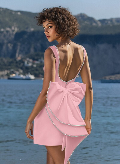 Elegant Beading Scoop Neck A-Line Short/Mini Elastic Satin Homecoming Dresses With Bow(s)