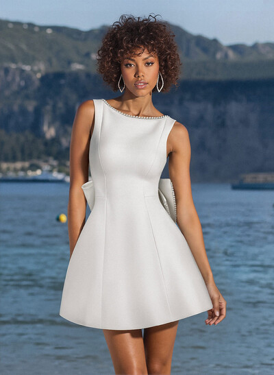 Elegant Beading Scoop Neck A-Line Short/Mini Elastic Satin Homecoming Dresses With Bow(s)