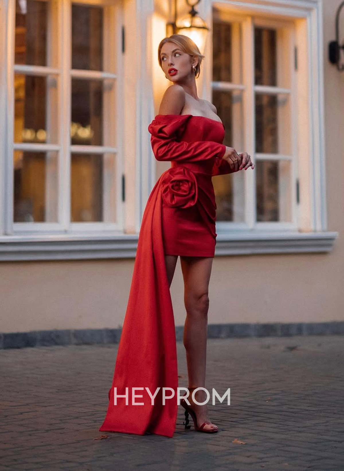 Elegant Square Neckline Long Sleeves Flower(s) Detachable Sweeping Side Drape Tiered Short/Mini Matte Satin Homecoming Dresses