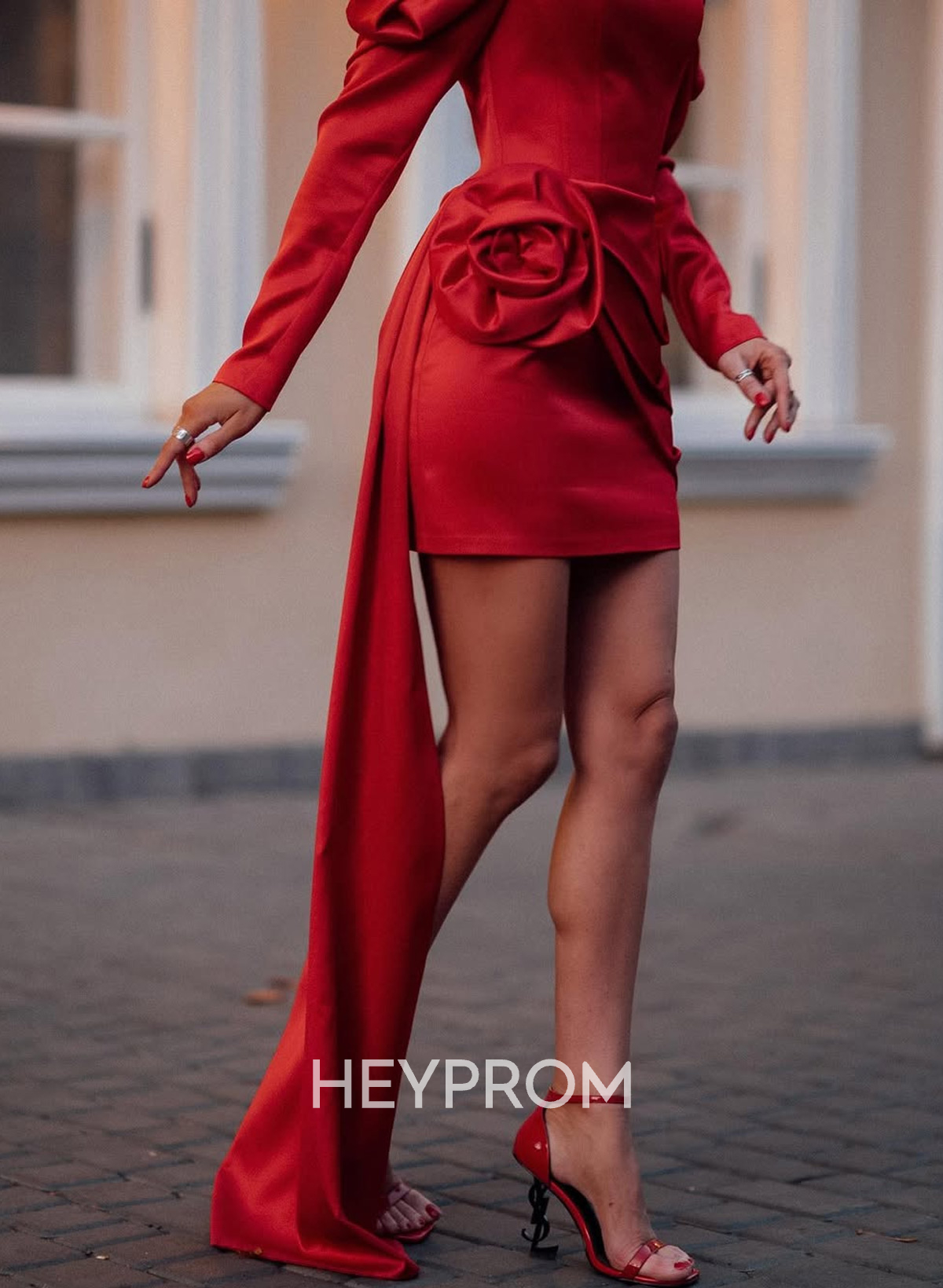 Elegant Square Neckline Long Sleeves Flower(s) Detachable Sweeping Side Drape Tiered Short/Mini Matte Satin Homecoming Dresses
