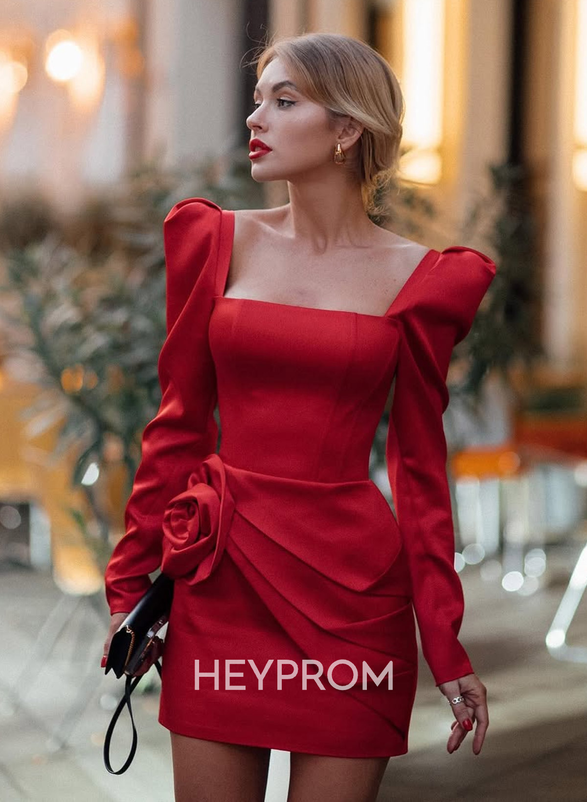 Elegant Square Neckline Long Sleeves Flower(s) Detachable Sweeping Side Drape Tiered Short/Mini Matte Satin Homecoming Dresses