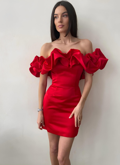 Elegant Ruffle Off-The-Shoulder Sleeveless Short/Mini Matte Satin Homecoming Dresses
