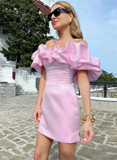 Elegant Ruffle Off-The-Shoulder Sleeveless Short/Mini Matte Satin Homecoming Dresses