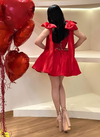 Sweetheart Bow(s) Regular Straps A-Line Short/Mini Satin Homecoming Dresses