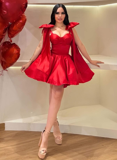 Sweetheart Bow(s) Regular Straps A-Line Short/Mini Satin Homecoming Dresses
