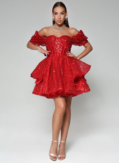 Sparkle Sweetheart Off-The-Shoulder A-Line Tiered Short/Mini Sequined Homecoming Dresses