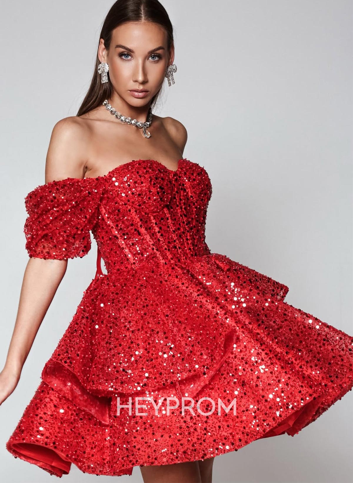 Sparkle Sweetheart Off-The-Shoulder A-Line Tiered Short/Mini Sequined Homecoming Dresses