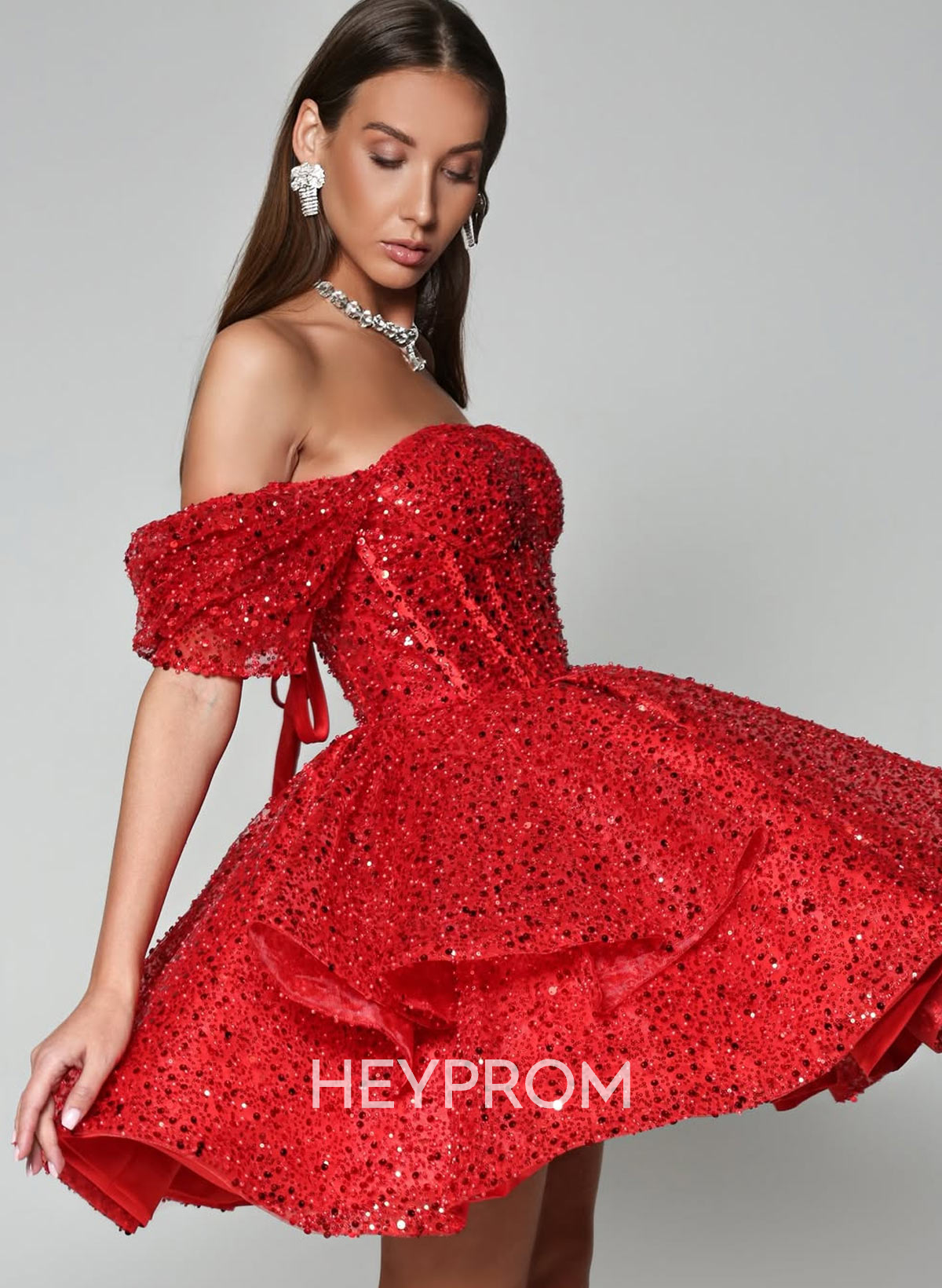 Sparkle Sweetheart Off-The-Shoulder A-Line Tiered Short/Mini Sequined Homecoming Dresses