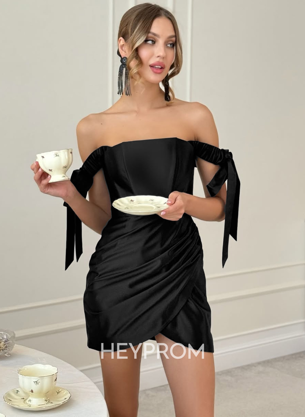 Elegant Bow(s) Off-The-Shoulder Sleeveless Short/Mini Acetate Satin Homecoming Dresses