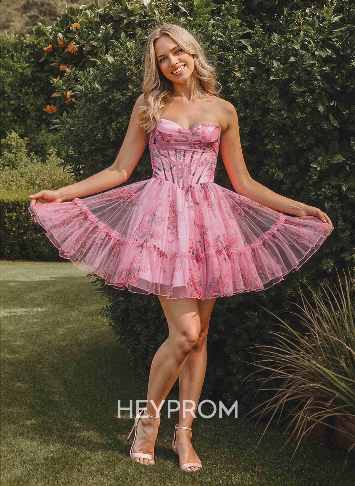 Boho A-Line Strapless Short/Mini Satin Homecoming Dresses With Flower(s)