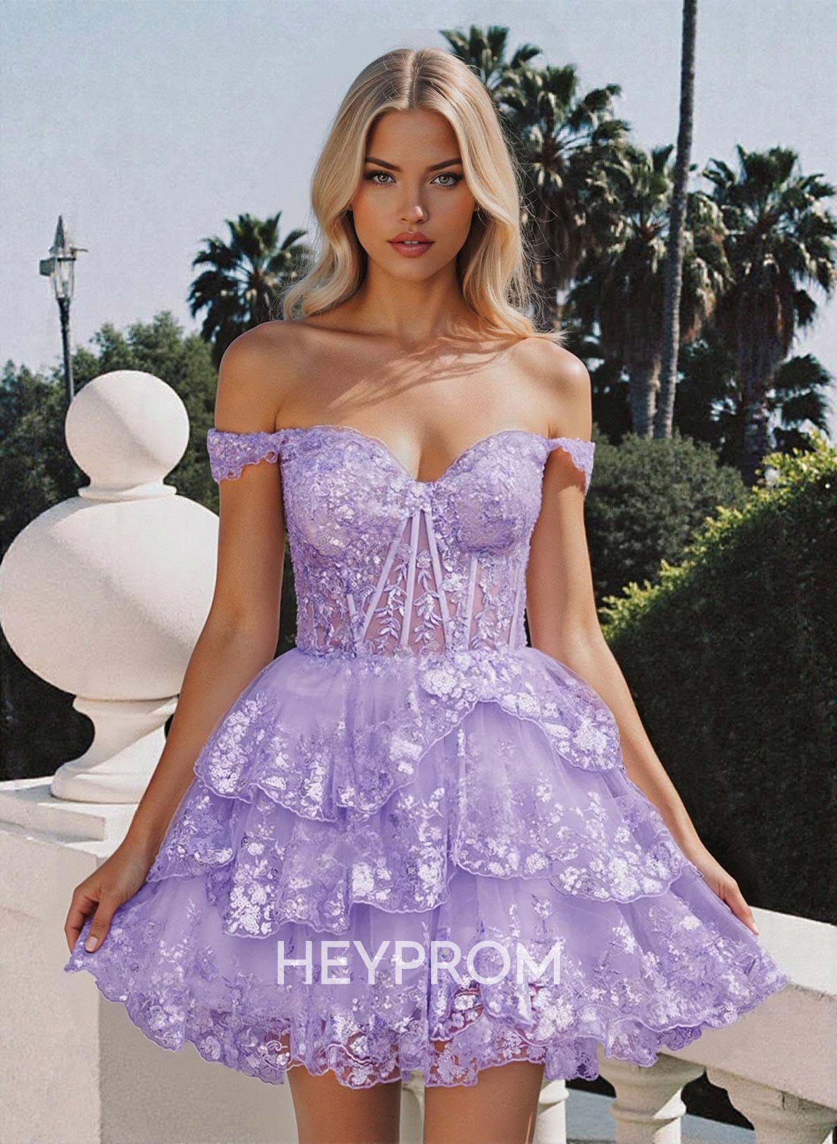 Luxury A-Line Off-The-Shoulder Short/Mini Satin Homecoming Dresses With Lace/Tiered
