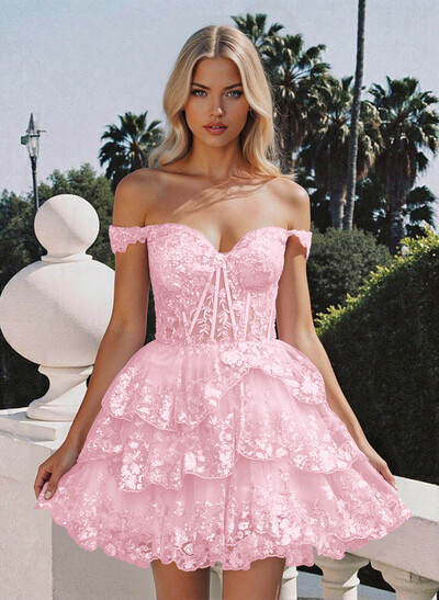 Luxury A-Line Off-The-Shoulder Short/Mini Satin Homecoming Dresses With Lace/Tiered
