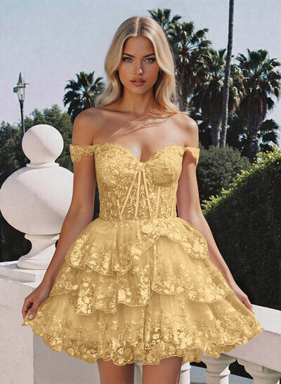 Luxury A-Line Off-The-Shoulder Short/Mini Satin Homecoming Dresses With Lace/Tiered