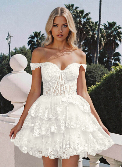 Luxury A-Line Off-The-Shoulder Short/Mini Satin Homecoming Dresses With Lace/Tiered