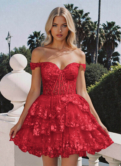 Luxury A-Line Off-The-Shoulder Short/Mini Satin Homecoming Dresses With Lace/Tiered