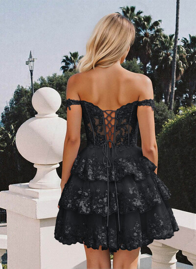 Luxury A-Line Off-The-Shoulder Short/Mini Satin Homecoming Dresses With Lace/Tiered