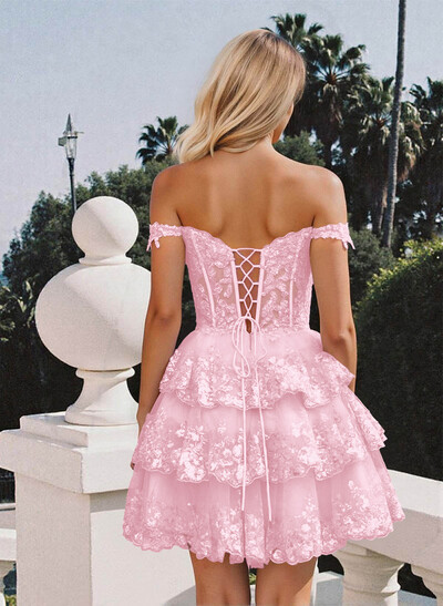 Luxury A-Line Off-The-Shoulder Short/Mini Satin Homecoming Dresses With Lace/Tiered