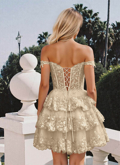 Luxury A-Line Off-The-Shoulder Short/Mini Satin Homecoming Dresses With Lace/Tiered