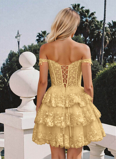 Luxury A-Line Off-The-Shoulder Short/Mini Satin Homecoming Dresses With Lace/Tiered