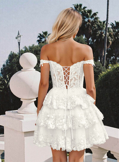 Luxury A-Line Off-The-Shoulder Short/Mini Satin Homecoming Dresses With Lace/Tiered