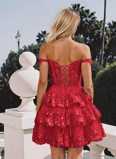Luxury A-Line Off-The-Shoulder Short/Mini Satin Homecoming Dresses With Lace/Tiered