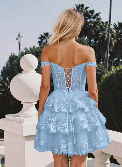 Luxury A-Line Off-The-Shoulder Short/Mini Satin Homecoming Dresses With Lace/Tiered