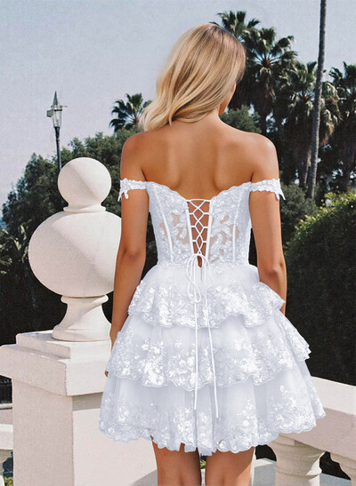 Luxury A-Line Off-The-Shoulder Short/Mini Satin Homecoming Dresses With Lace/Tiered