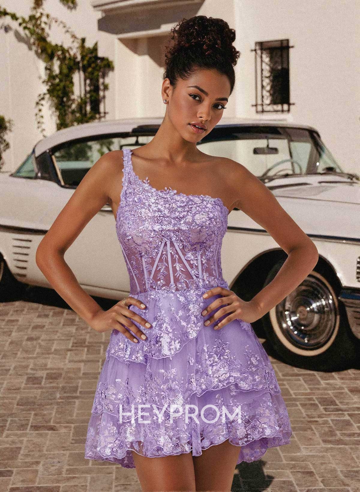 Luxury A-Line One-Shoulder Short/Mini Satin/Lace Homecoming Dresses With Tiered