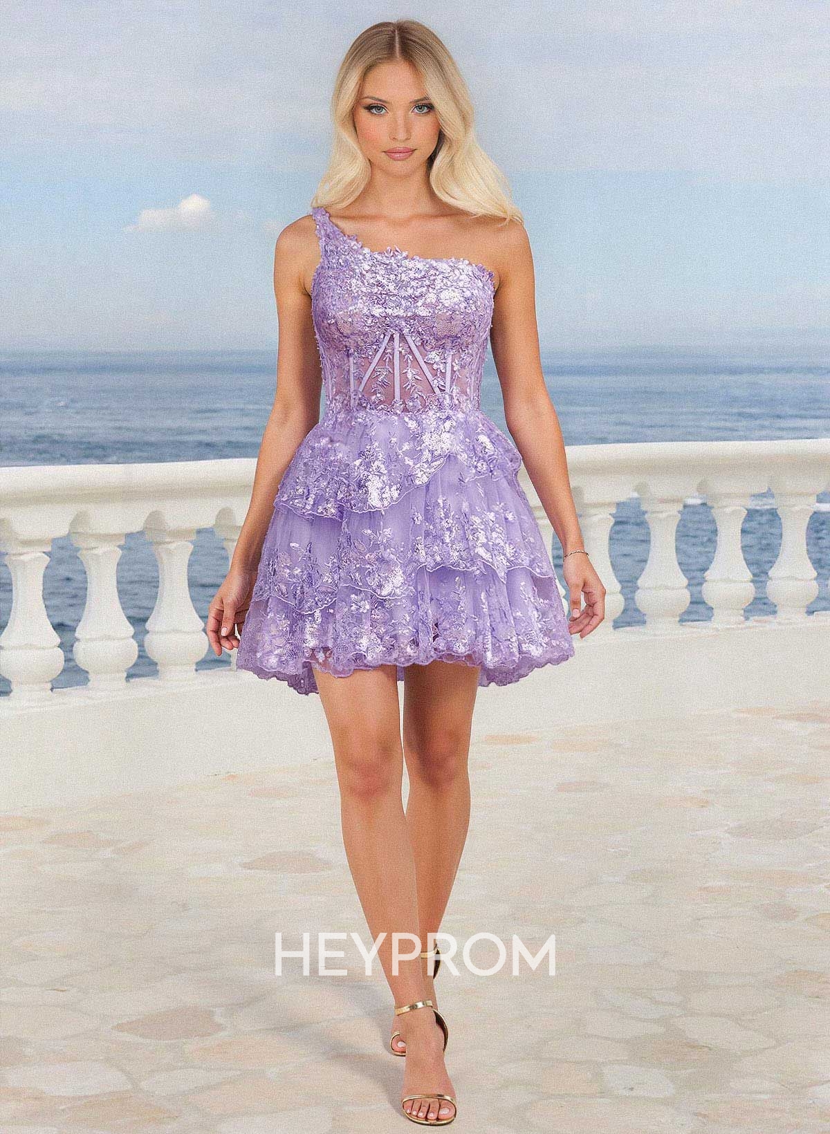 Luxury A-Line One-Shoulder Short/Mini Satin/Lace Homecoming Dresses With Tiered